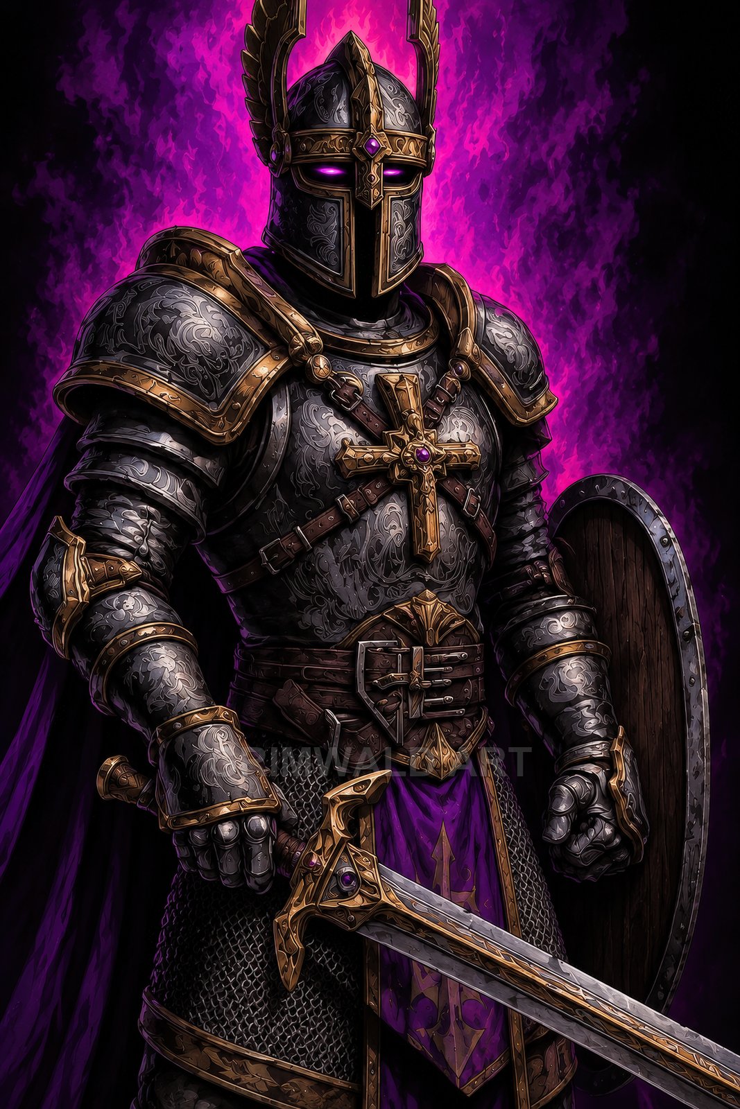 Gothic armoured paladin with glowing violet eyes grips a gold-trimmed sword and wooden shield before swirling purple fire, wearing ornate plate and cross emblem.