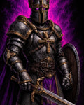 GRID THUMBNAIL — Gothic armoured paladin with glowing violet eyes grips a gold-trimmed sword and wooden shield before swirling purple fire, wearing ornate plate and cross emblem.