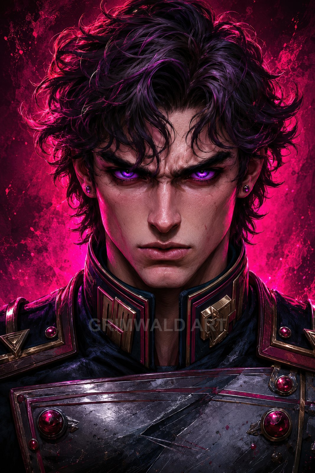 Intense male warlock with glowing violet eyes wearing dark ornate armour, facing forward against a vivid pink aura and splattered abstract background.