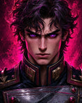 GRID THUMBNAIL — Intense male warlock with glowing violet eyes wearing dark ornate armour, facing forward against a vivid pink aura and splattered abstract background.