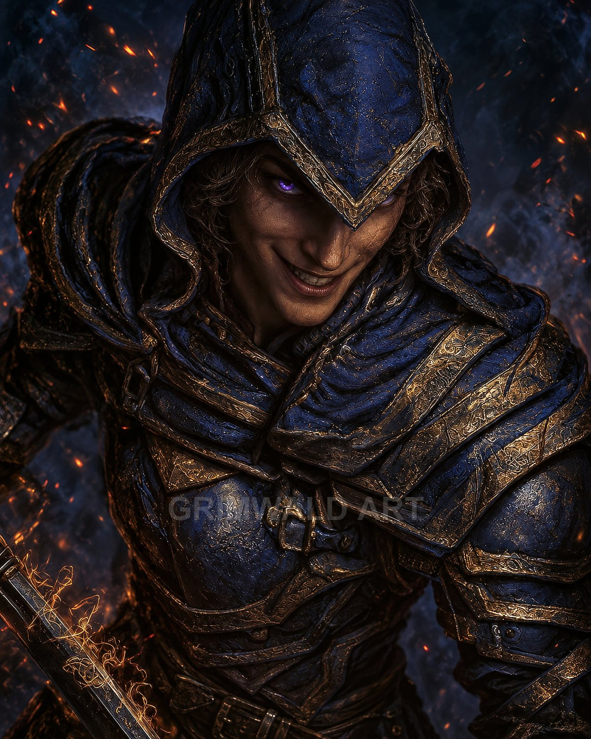 Hooded warrior in blue and gold armour smirks, a violet eye glowing, gripping a flaming sword amid dark smoke and embers.