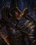 GRID THUMBNAIL — Hooded warrior in blue and gold armour smirks, a violet eye glowing, gripping a flaming sword amid dark smoke and embers.