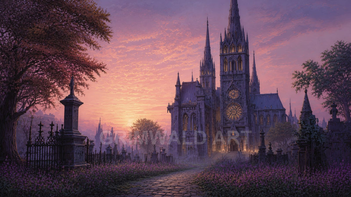 Gothic cathedral with glowing rose windows at sunset, a cobblestone path and iron-fenced graveyard amid purple flowers and trees.