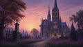 GRID THUMBNAIL — Gothic cathedral with glowing rose windows at sunset, a cobblestone path and iron-fenced graveyard amid purple flowers and trees.