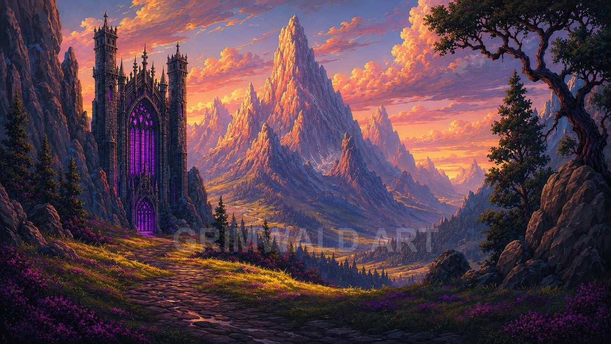 A gothic mountain castle with glowing violet windows overlooks a vast sunlit valley and towering jagged peaks beneath a dramatic orange sunset sky.