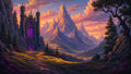 GRID THUMBNAIL — A gothic mountain castle with glowing violet windows overlooks a vast sunlit valley and towering jagged peaks beneath a dramatic orange sunset sky.