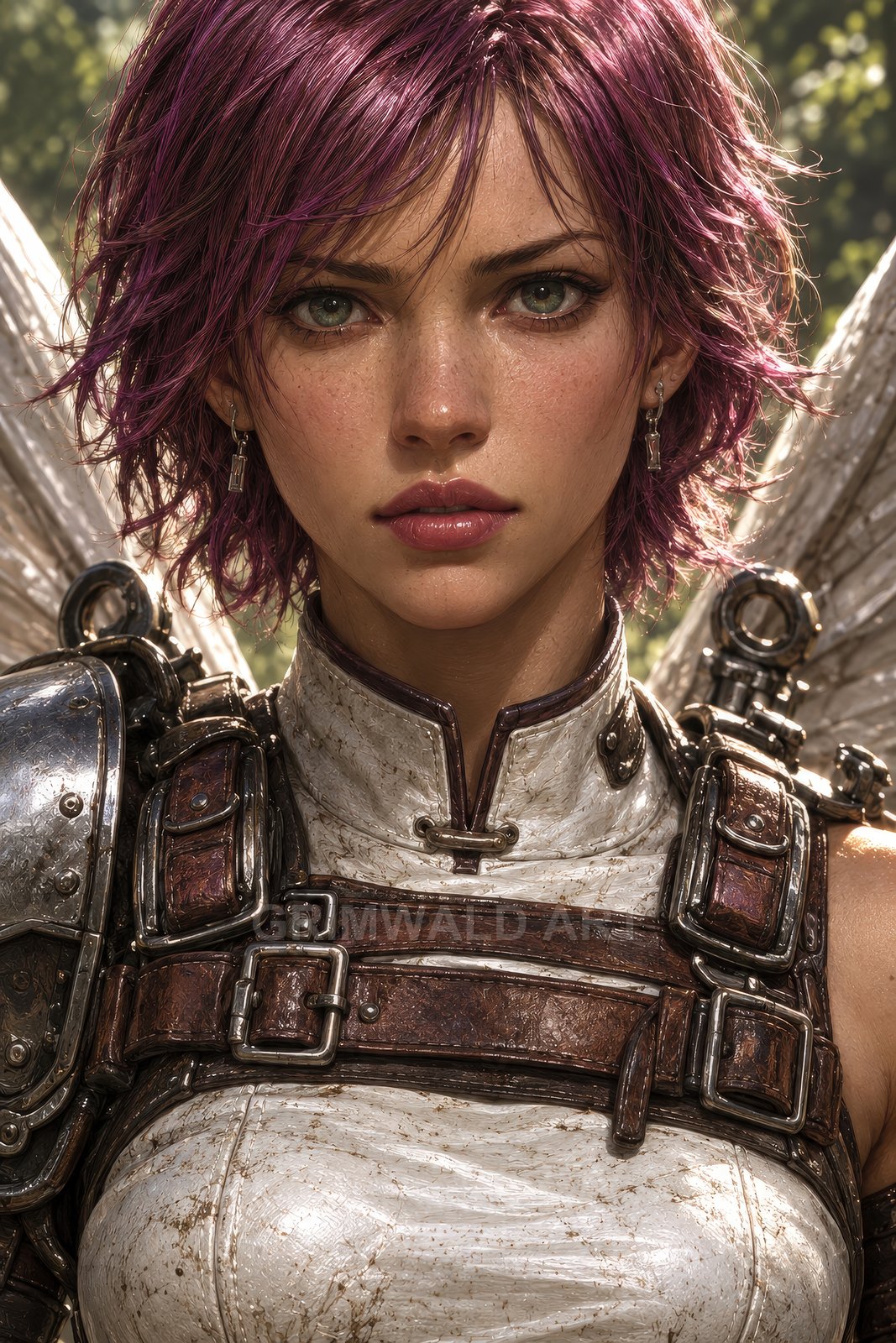 Close-up portrait of a violet-haired armoured woman with mechanical wings and leather straps, in bright daylight before a softly blurred forest backdrop.