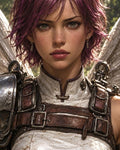 GRID THUMBNAIL — Close-up portrait of a violet-haired armoured woman with mechanical wings and leather straps, in bright daylight before a softly blurred forest backdrop.
