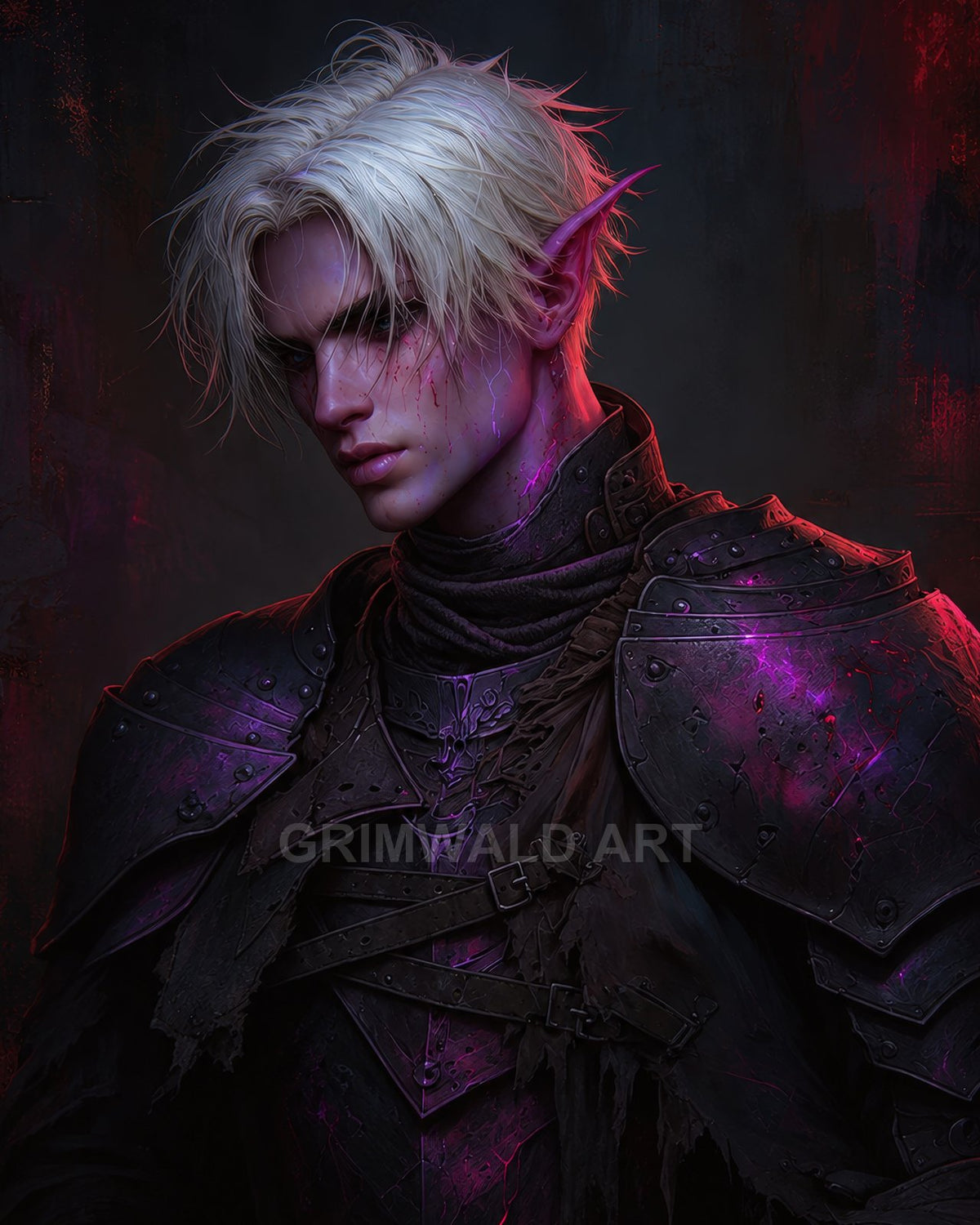Moody portrait of a white-haired male elf in battered dark plate armour, streaked with blood and glowing purple arcane energy.