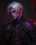 GRID THUMBNAIL — Moody portrait of a white-haired male elf in battered dark plate armour, streaked with blood and glowing purple arcane energy.