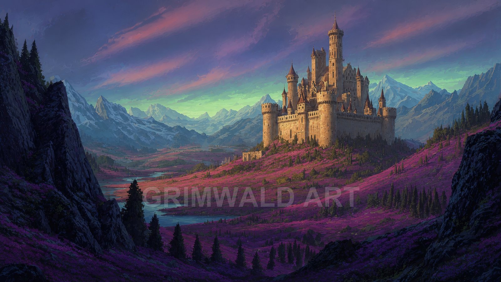 Grand stone castle crowns a hill above a purple heather valley, with winding rivers and snow-capped mountains under a twilight sky.