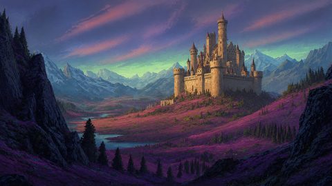 GRID THUMBNAIL — Grand stone castle crowns a hill above a purple heather valley, with winding rivers and snow-capped mountains under a twilight sky.