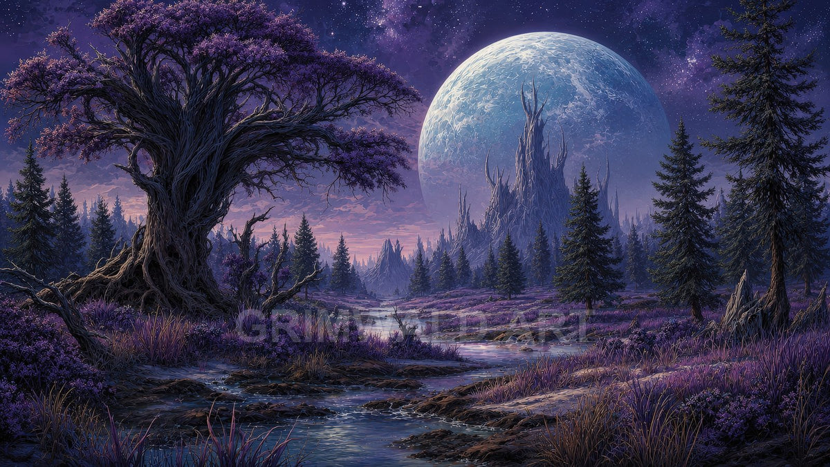 A violet-hued fantasy forest with a gnarled ancient tree, winding stream, conifers, jagged distant spires and a vast moon beneath a starry twilight sky.