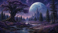 GRID THUMBNAIL — A violet-hued fantasy forest with a gnarled ancient tree, winding stream, conifers, jagged distant spires and a vast moon beneath a starry twilight sky.