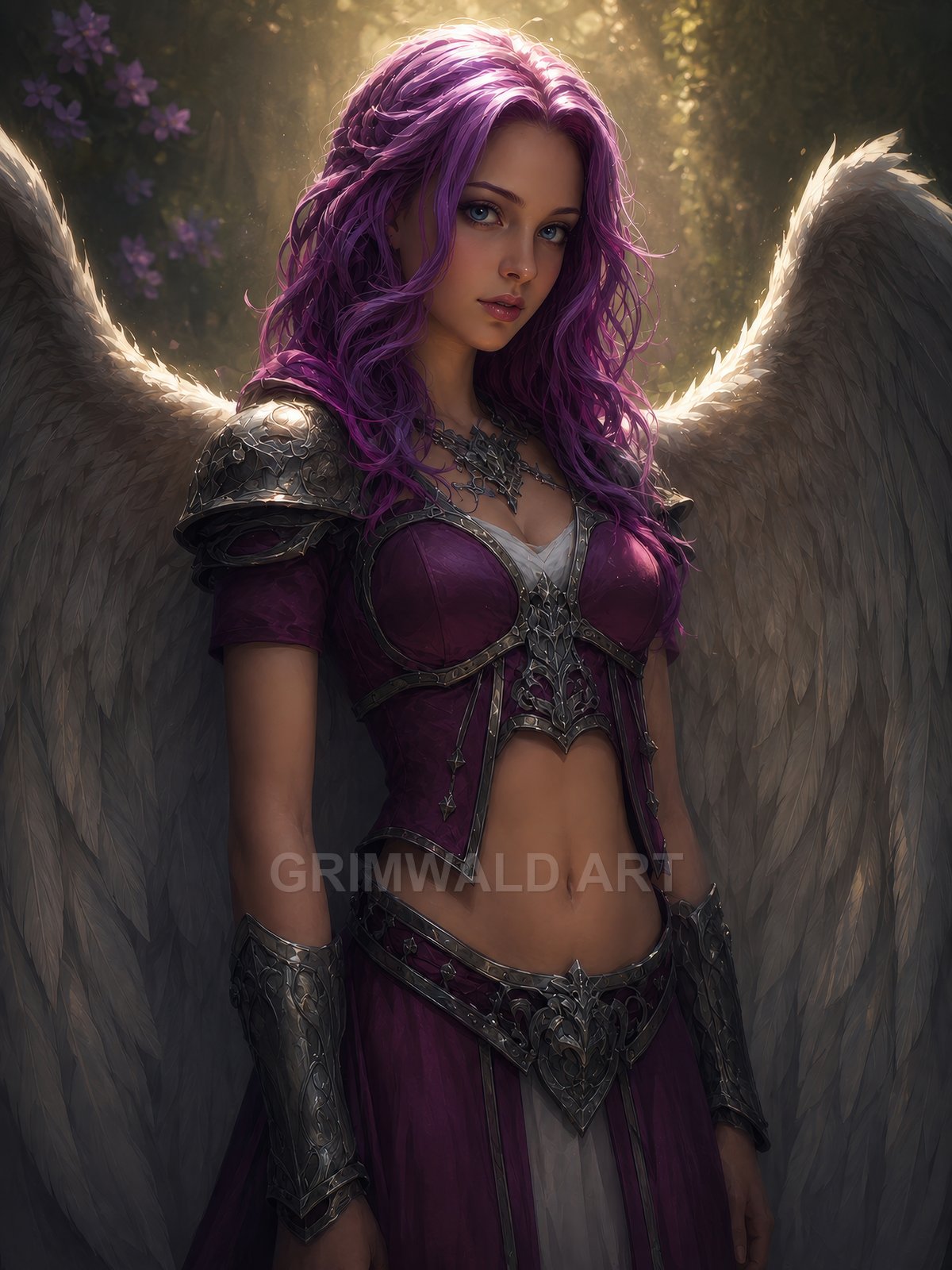 Armoured purple-haired winged woman stands in a sunlit forest clearing, white feathered wings spread, ornate silver armour, soft golden backlight.