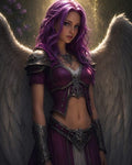 GRID THUMBNAIL — Armoured purple-haired winged woman stands in a sunlit forest clearing, white feathered wings spread, ornate silver armour, soft golden backlight.