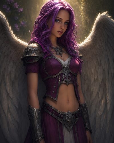 GRID THUMBNAIL — Armoured purple-haired winged woman stands in a sunlit forest clearing, white feathered wings spread, ornate silver armour, soft golden backlight.