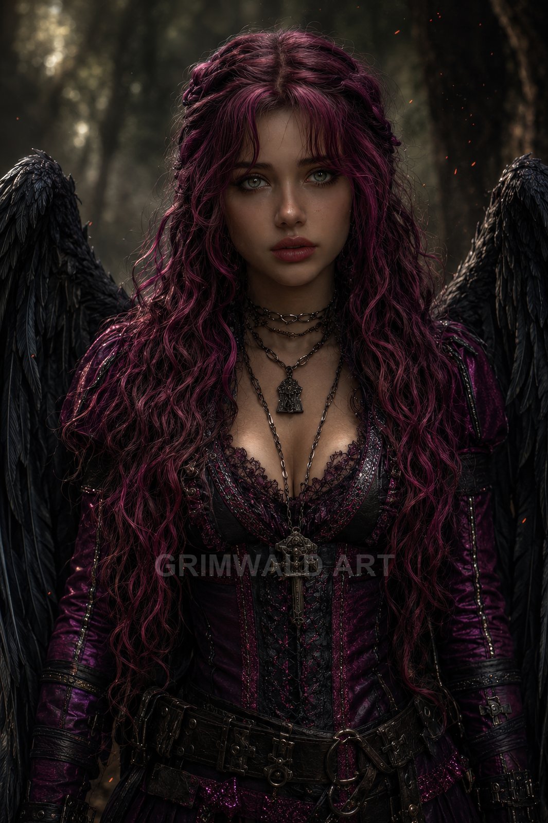 Gothic winged woman with purple hair and black feathered wings in a shadowed forest, wearing corseted leather and layered necklaces at twilight.