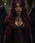 GRID THUMBNAIL — Gothic winged woman with purple hair and black feathered wings in a shadowed forest, wearing corseted leather and layered necklaces at twilight.