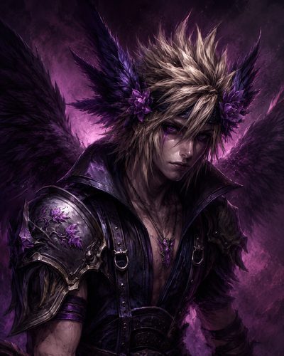 GRID THUMBNAIL — Androgynous winged celestial with purple feathers and violet eyes, wearing ornate dark armour and a crystal pendant against a moody twilight background.