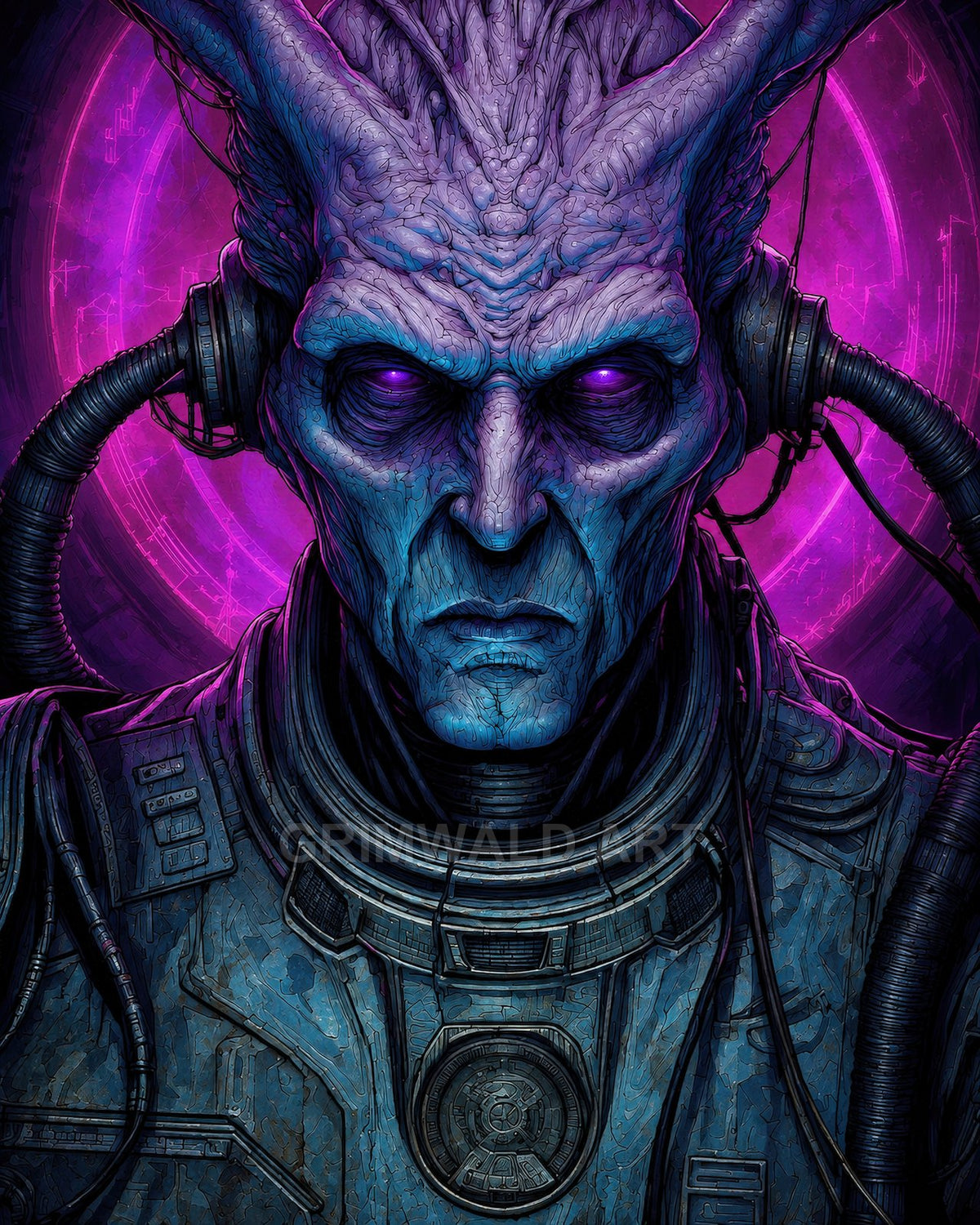 Close-up portrait of a horned blue-purple alien in a detailed spacesuit, glowing violet eyes, cables and tech, before a neon magenta halo.