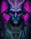 GRID THUMBNAIL — Close-up portrait of a horned blue-purple alien in a detailed spacesuit, glowing violet eyes, cables and tech, before a neon magenta halo.