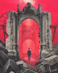GRID THUMBNAIL — A lone person in a suit stands before a crumbling stone archway amid desolate ruins, under an intense crimson sky and stark red light.