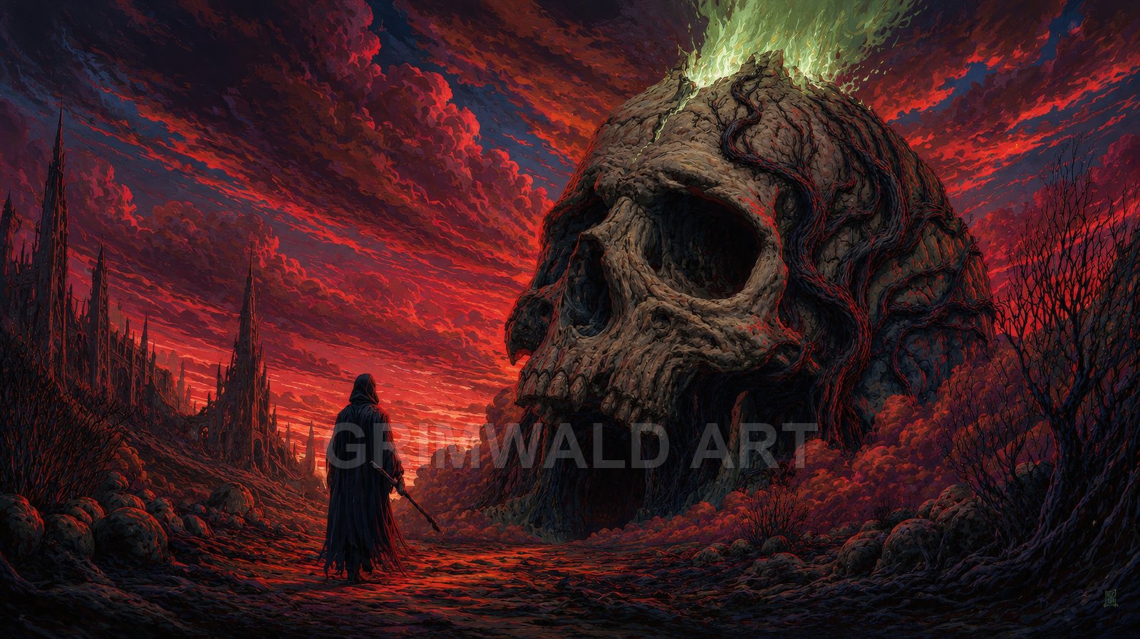 A hooded figure stands on a barren path before a colossal skull-shaped monolith with green fire, under red stormy clouds and distant ruined spires.