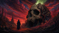 GRID THUMBNAIL — A hooded figure stands on a barren path before a colossal skull-shaped monolith with green fire, under red stormy clouds and distant ruined spires.