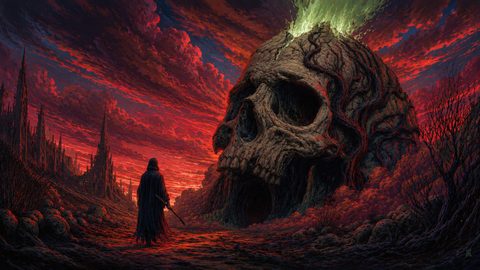 GRID THUMBNAIL — A hooded figure stands on a barren path before a colossal skull-shaped monolith with green fire, under red stormy clouds and distant ruined spires.