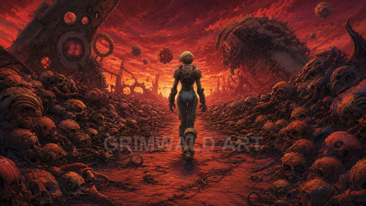 A lone figure in futuristic armour walks along a cracked red path between towering heaps of skulls and wrecked machines under a fiery sky.
