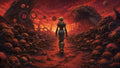 GRID THUMBNAIL — A lone figure in futuristic armour walks along a cracked red path between towering heaps of skulls and wrecked machines under a fiery sky.