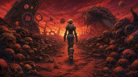 GRID THUMBNAIL — A lone figure in futuristic armour walks along a cracked red path between towering heaps of skulls and wrecked machines under a fiery sky.