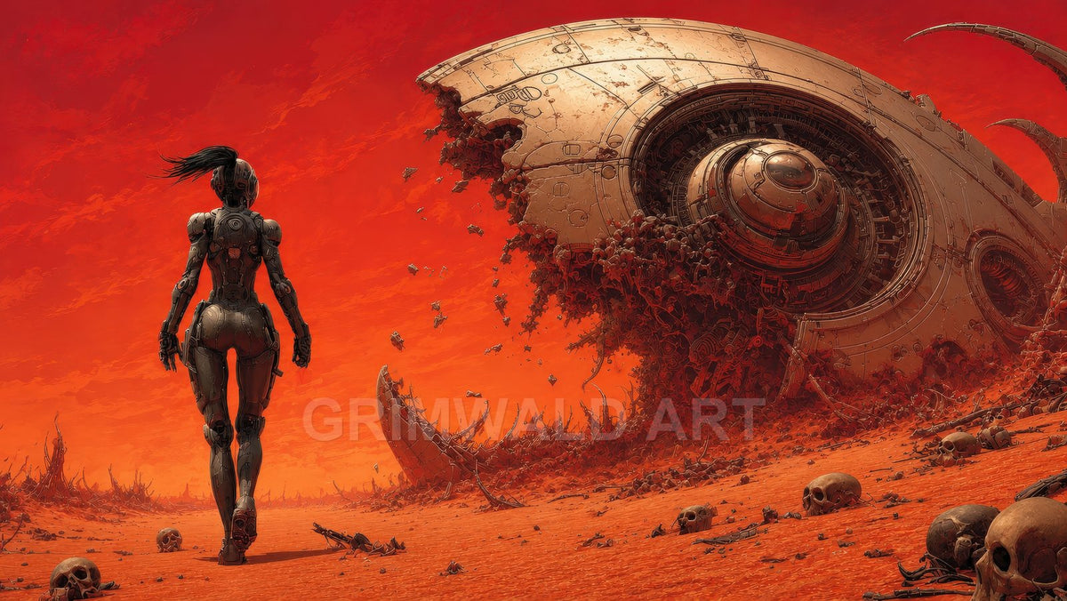 Android figure walks across a red desert toward a massive crashed spaceship, with skulls and debris scattered under a fiery sunset sky.