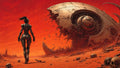 GRID THUMBNAIL — Android figure walks across a red desert toward a massive crashed spaceship, with skulls and debris scattered under a fiery sunset sky.
