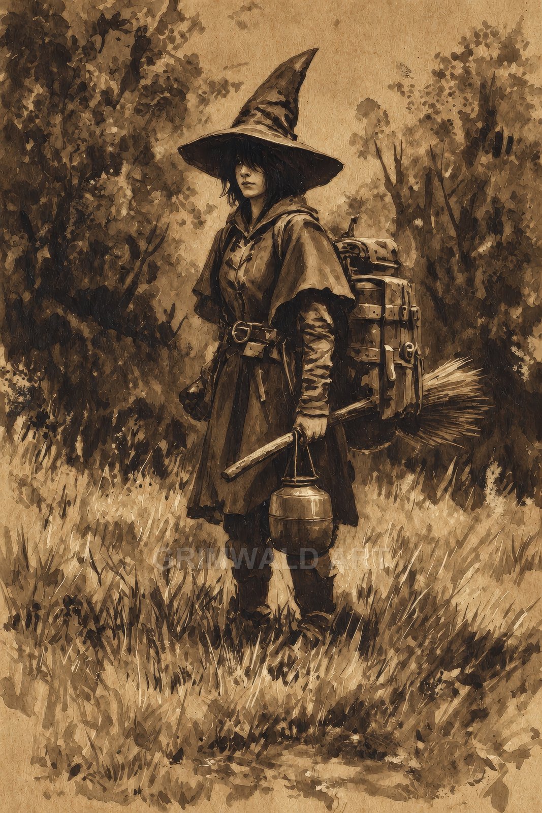 Sepia fantasy illustration of a travelling witch in a pointed hat with backpack, broom and cauldron, standing in a grassy forest clearing.