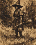 GRID THUMBNAIL — Sepia fantasy illustration of a travelling witch in a pointed hat with backpack, broom and cauldron, standing in a grassy forest clearing.