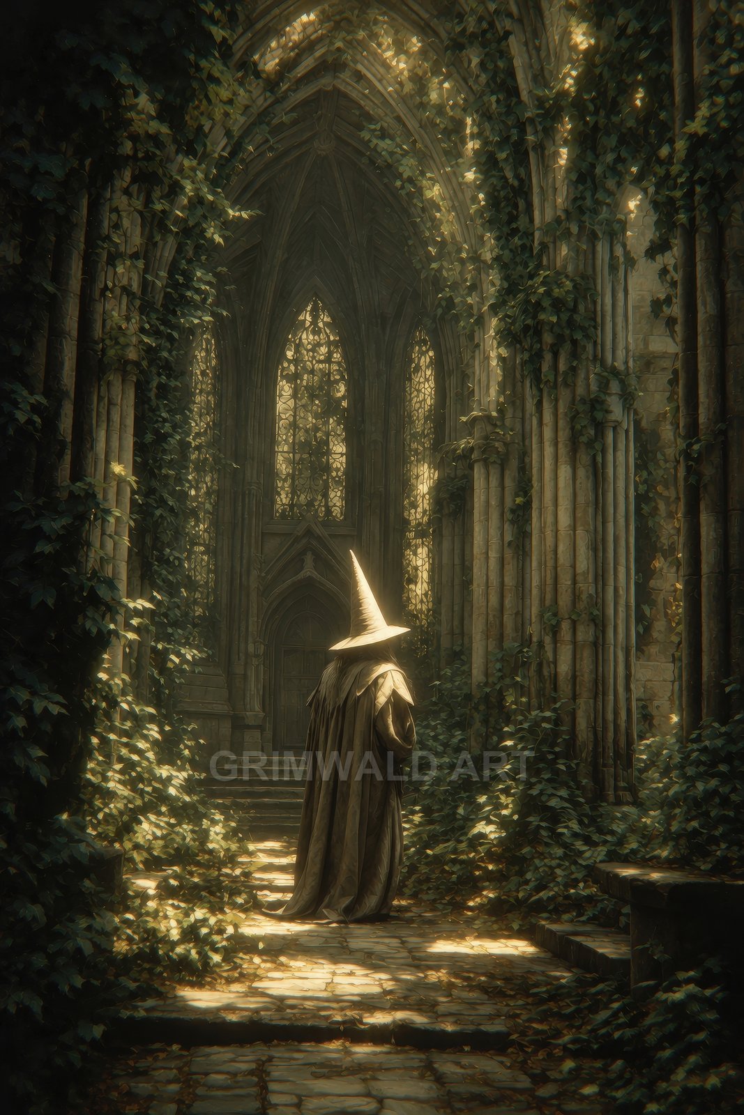 A robed wizard in a pointed hat stands beneath soaring, ivy-draped Gothic arches in a ruined cathedral, bathed in warm golden sunlight.