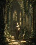 GRID THUMBNAIL — A robed wizard in a pointed hat stands beneath soaring, ivy-draped Gothic arches in a ruined cathedral, bathed in warm golden sunlight.