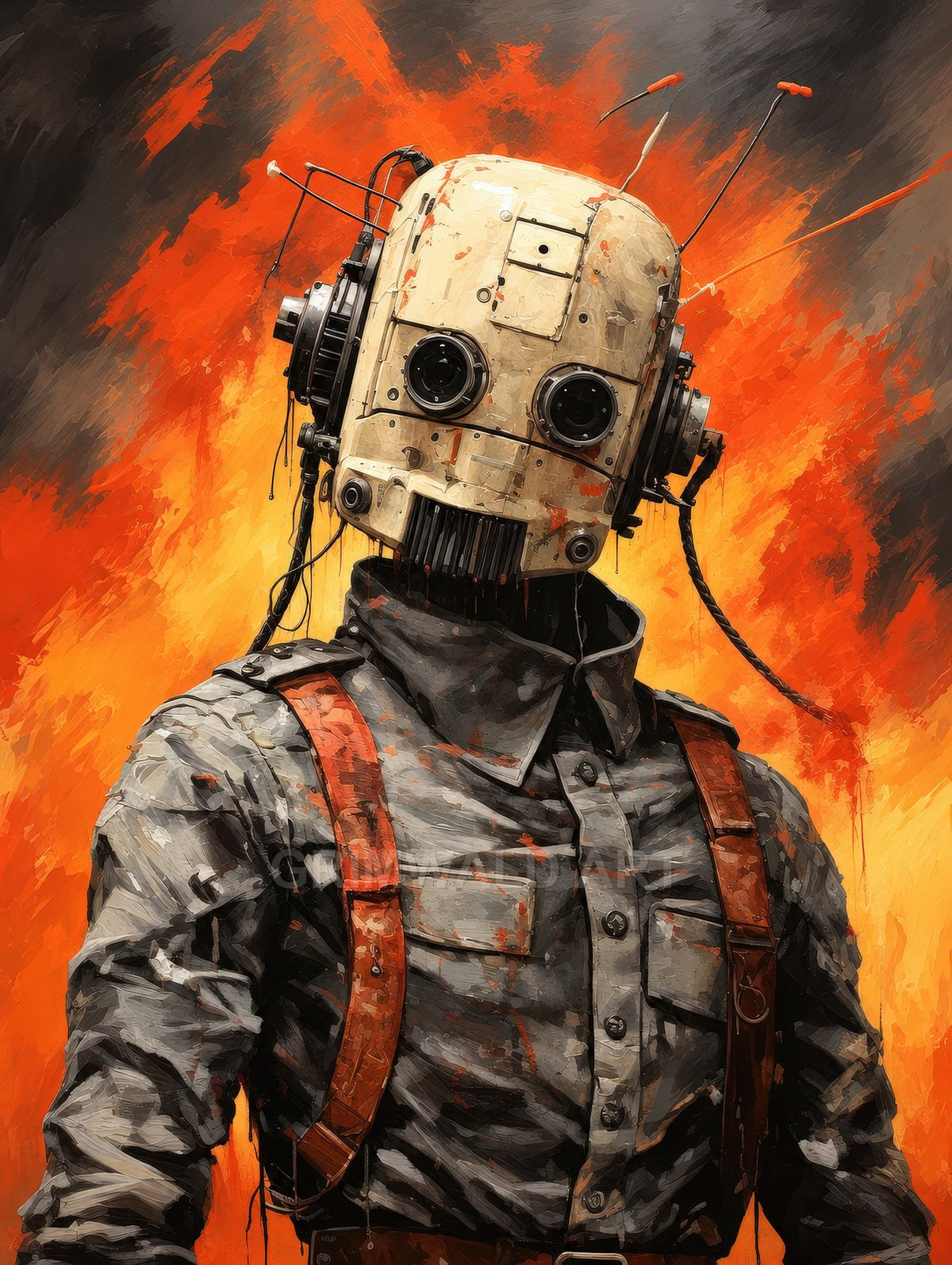 A retro-styled android with a cream metal head and antennas wears a grey uniform and leather harness, framed by blazing orange flames.