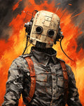 GRID THUMBNAIL — A retro-styled android with a cream metal head and antennas wears a grey uniform and leather harness, framed by blazing orange flames.