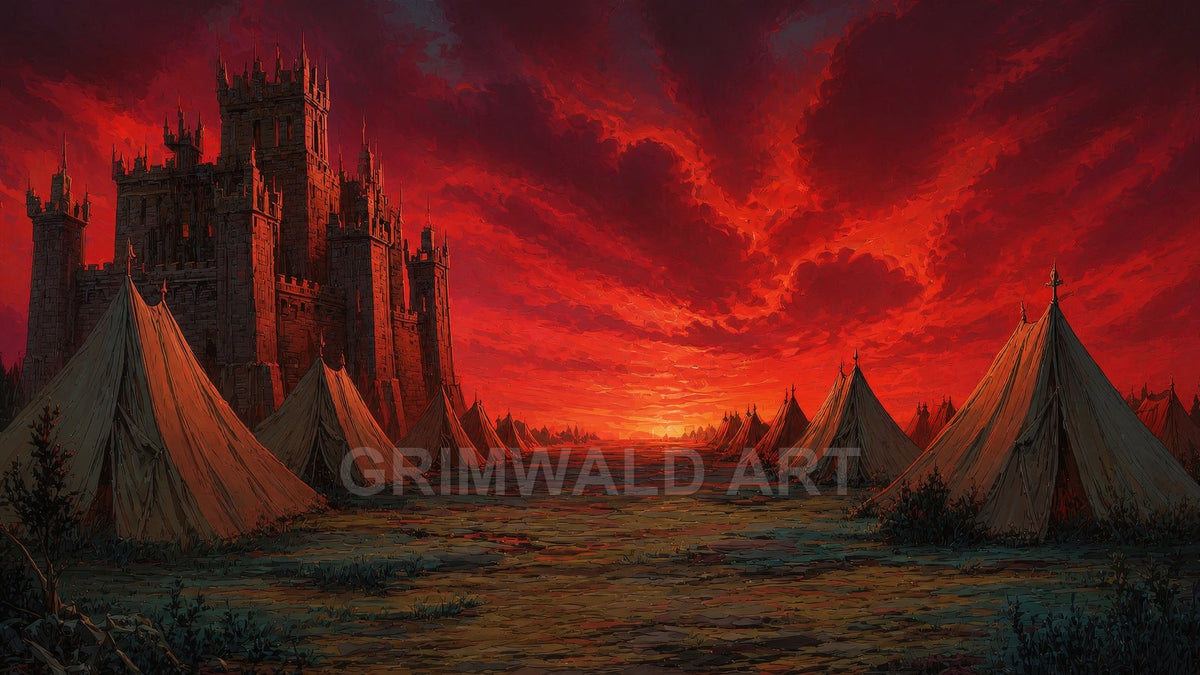 A dark stone castle overlooks a sprawling war camp of canvas tents under a blazing red sunset sky with dramatic clouds.