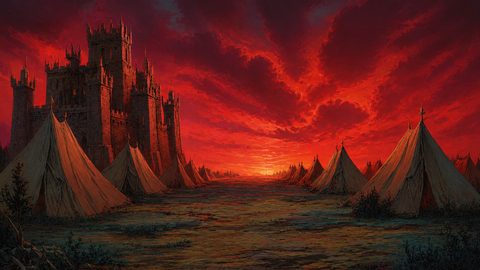 GRID THUMBNAIL — A dark stone castle overlooks a sprawling war camp of canvas tents under a blazing red sunset sky with dramatic clouds.