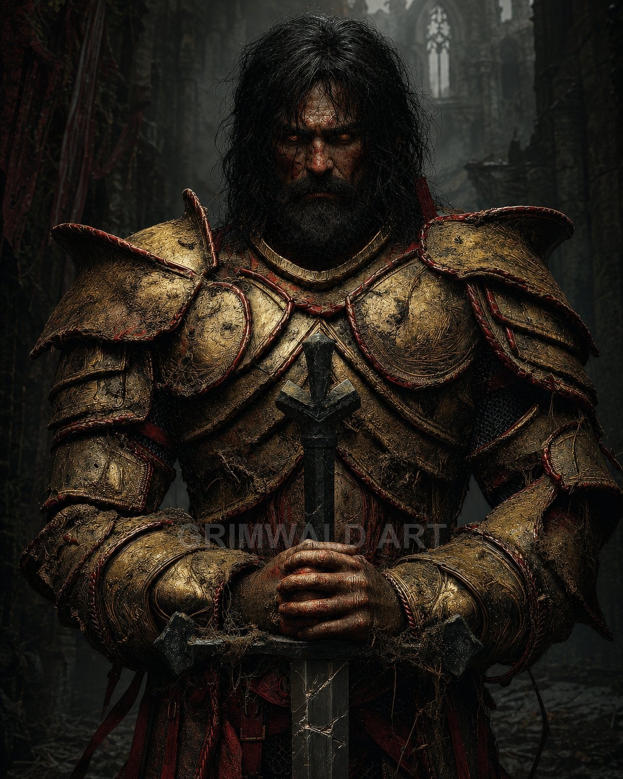 Grim, bearded knight in tarnished gold plate armour grips a longsword, standing before crumbling gothic ruins under gloomy light, armour laced with cobwebs.