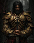 GRID THUMBNAIL — Grim, bearded knight in tarnished gold plate armour grips a longsword, standing before crumbling gothic ruins under gloomy light, armour laced with cobwebs.