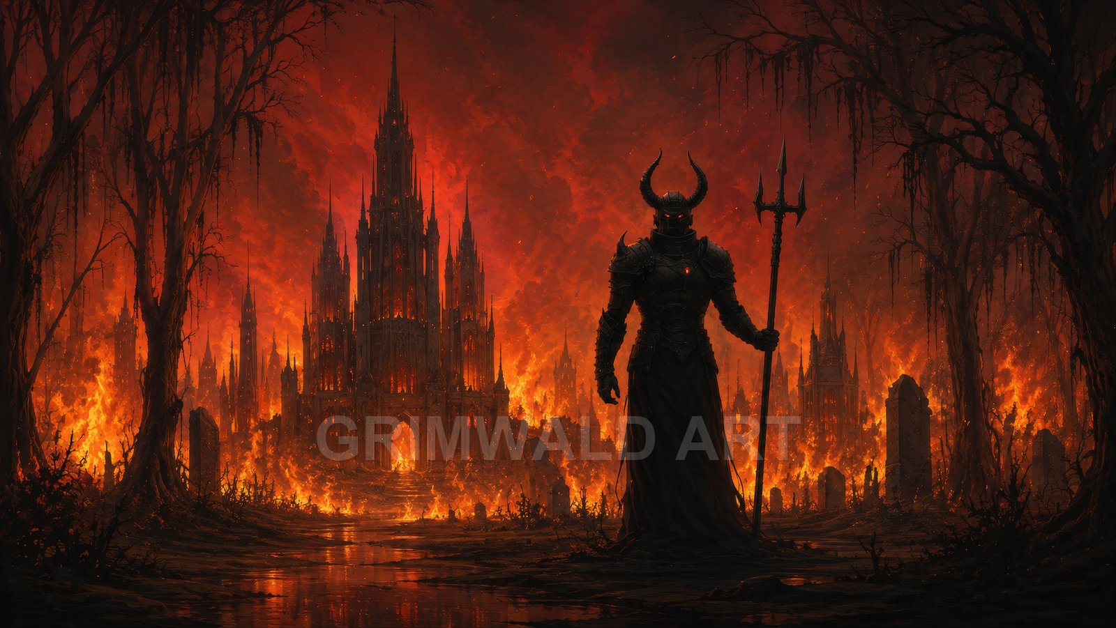 A horned armoured knight holding a trident stands before a burning gothic cathedral amid dead trees and gravestones under a firelit red sky.