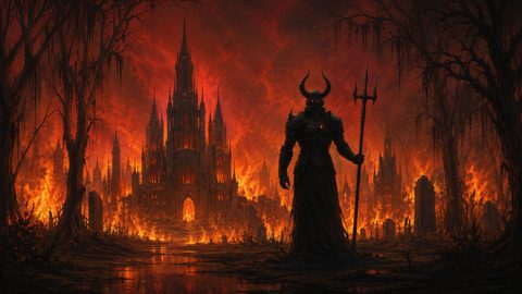 GRID THUMBNAIL — A horned armoured knight holding a trident stands before a burning gothic cathedral amid dead trees and gravestones under a firelit red sky.