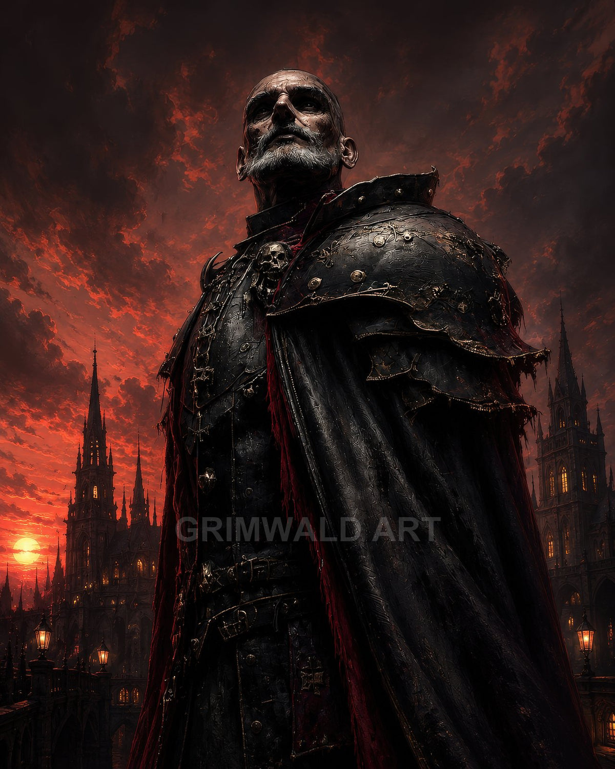 An imposing, grey-bearded warrior in black, skull-studded armour stands before gothic spires at a crimson sunset, lamplight glowing across a brooding city.