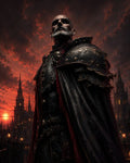 GRID THUMBNAIL — An imposing, grey-bearded warrior in black, skull-studded armour stands before gothic spires at a crimson sunset, lamplight glowing across a brooding city.
