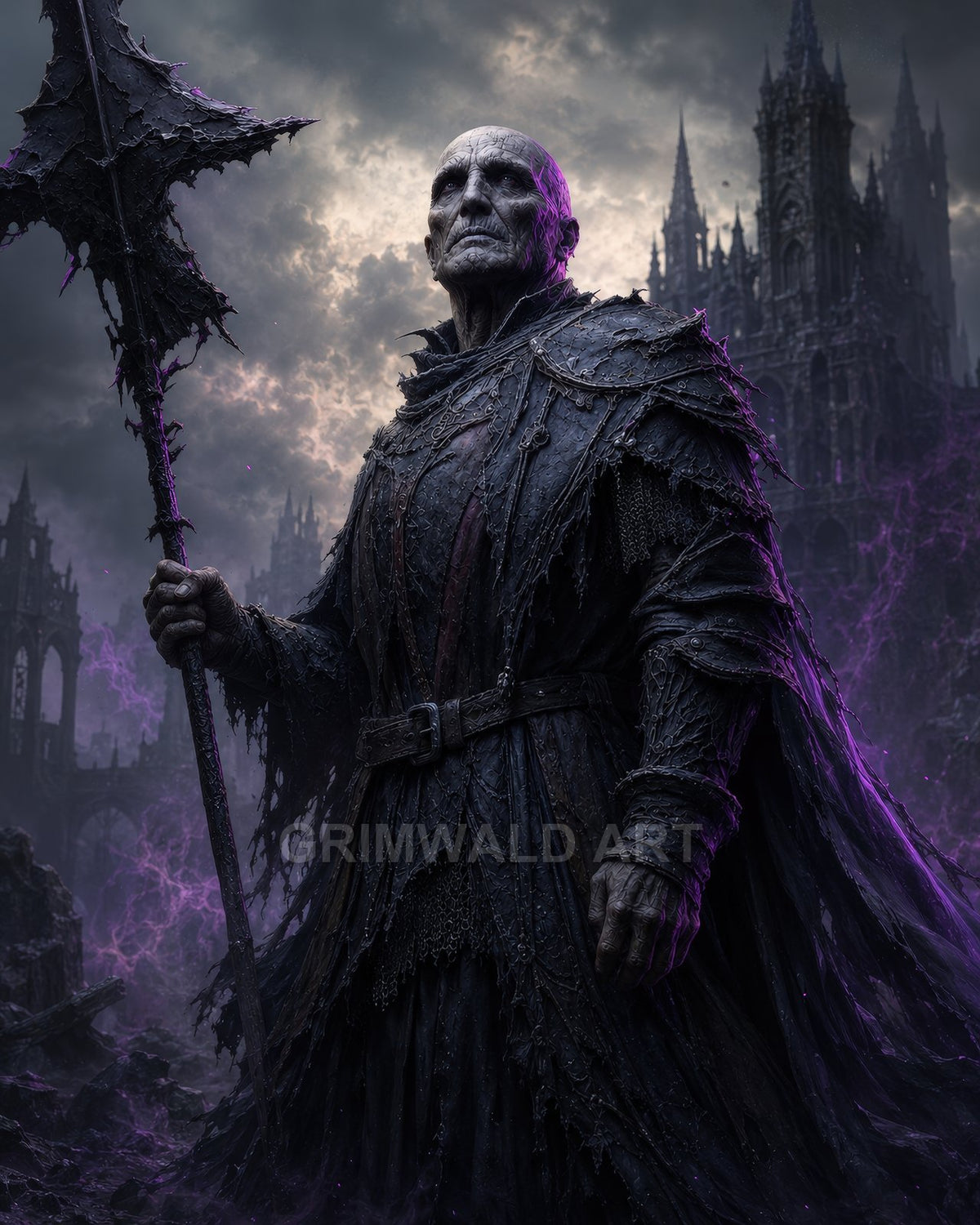 Armoured undead knight holding a jagged axe stands before ruined gothic cathedral, lit by purple lightning under a stormy sky, cloaked in tattered black.